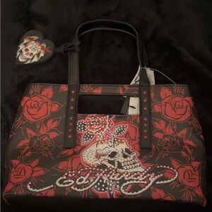 Ed Hardy Black & Red Skull Rose Tote Bag